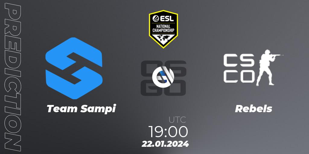 Team Sampi contre Rebels Gaming : prédiction de match. 22.01.2024 at 19:00. Counter-Strike (CS2), ESL Pro League Season 19 NC Europe Qualifier