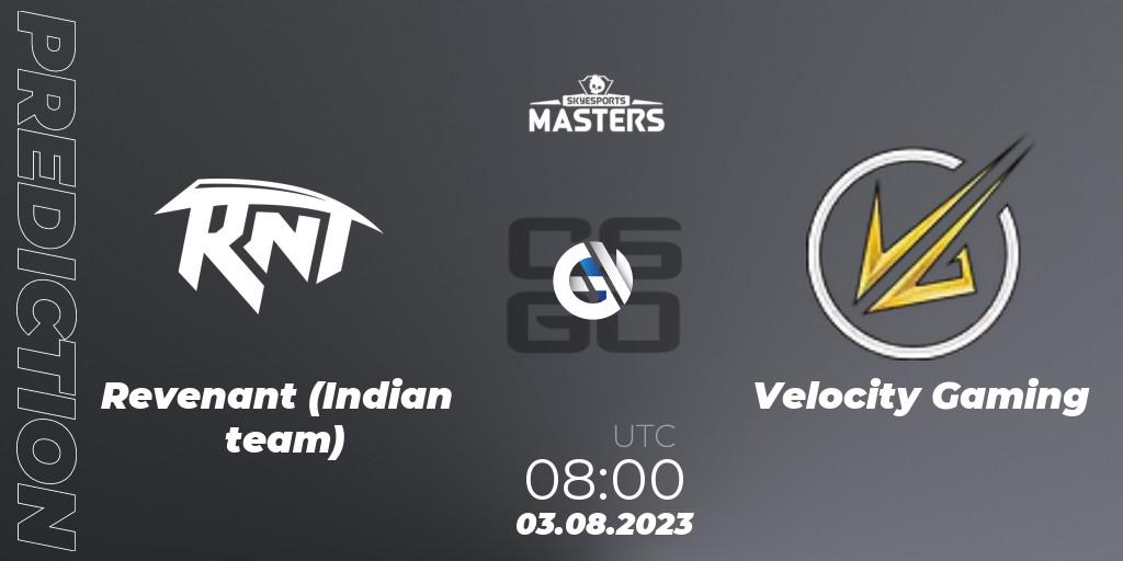 Revenant (Indian team) contre Velocity Gaming : prédiction de match. 03.08.2023 at 08:00. Counter-Strike (CS2), Skyesports Masters 2023: Regular Season