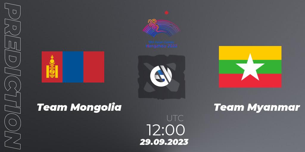 Team Mongolia contre Team Myanmar : prédiction de match. 29.09.2023 at 12:00. Dota 2, 2022 Asian Games