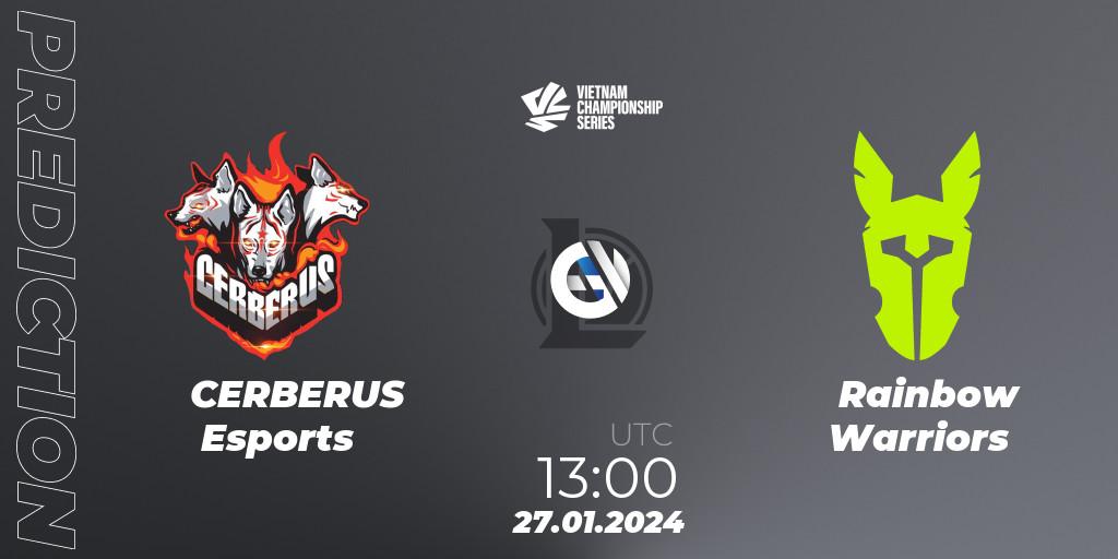 CERBERUS Esports contre Rainbow Warriors : prédiction de match. 27.01.2024 at 13:00. LoL, VCS Dawn 2024 - Group Stage