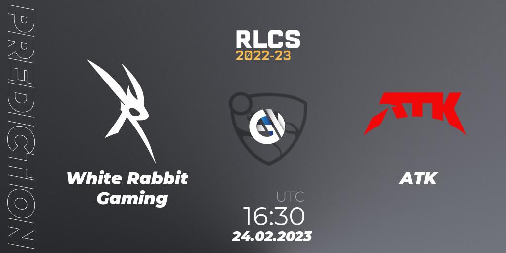 White Rabbit Gaming contre ATK : prédiction de match. 24.02.2023 at 16:30. Rocket League, RLCS 2022-23 - Winter: Sub-Saharan Africa Regional 3 - Winter Invitational