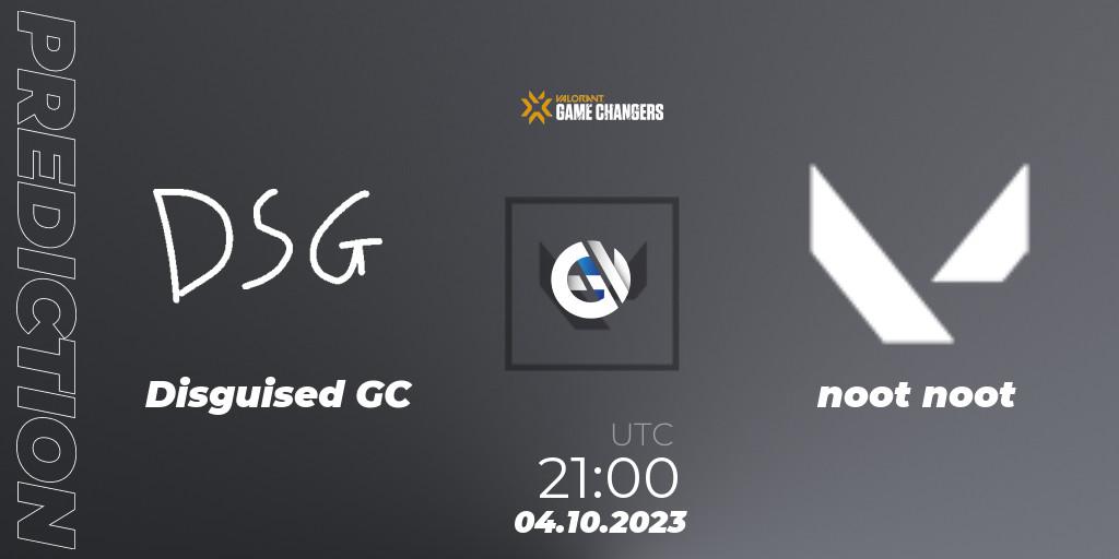 Disguised GC contre noot noot : prédiction de match. 04.10.2023 at 21:00. VALORANT, VCT 2023: Game Changers North America Series S3