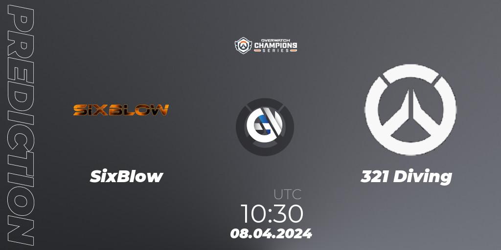 SixBlow contre 321 Diving : prédiction de match. 08.04.2024 at 10:30. Overwatch, Overwatch Champions Series 2024 - Asia Stage 1 Wild Card