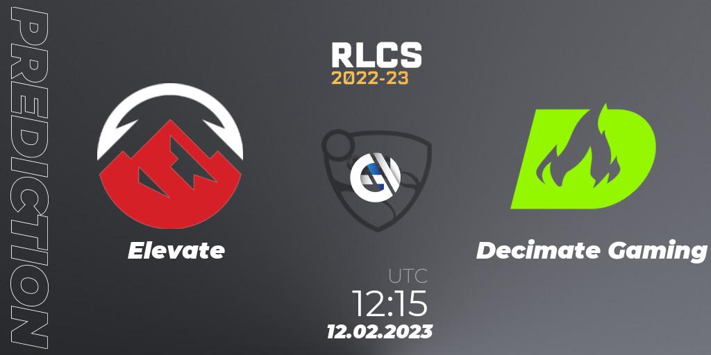 Elevate contre Decimate Gaming : prédiction de match. 12.02.2023 at 12:15. Rocket League, RLCS 2022-23 - Winter: Asia-Pacific Regional 2 - Winter Cup