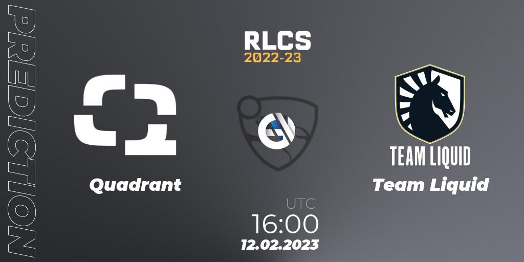 Quadrant contre Team Liquid : prédiction de match. 12.02.2023 at 16:00. Rocket League, RLCS 2022-23 - Winter: Europe Regional 2 - Winter Cup
