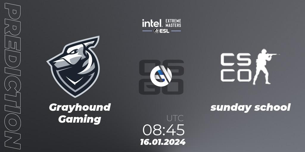 Grayhound Gaming contre sunday school : prédiction de match. 16.01.2024 at 08:45. Counter-Strike (CS2), Intel Extreme Masters China 2024: Oceanic Open Qualifier #1