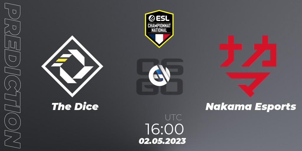 The Dice contre Nakama Esports : prédiction de match. 02.05.2023 at 16:00. Counter-Strike (CS2), ESL Championnat National Spring 2023