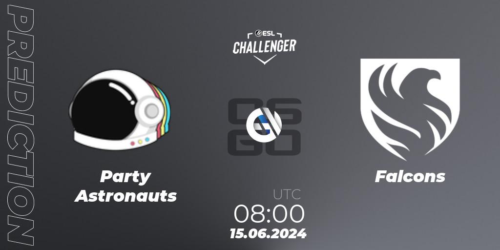 Party Astronauts contre Falcons : prédiction de match. 15.06.2024 at 08:00. Counter-Strike (CS2), ESL Challenger Jönköping 2024