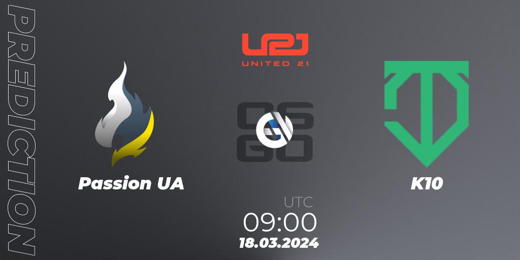 Passion UA contre K10 : prédiction de match. 17.03.2024 at 12:00. Counter-Strike (CS2), United21 Season 13