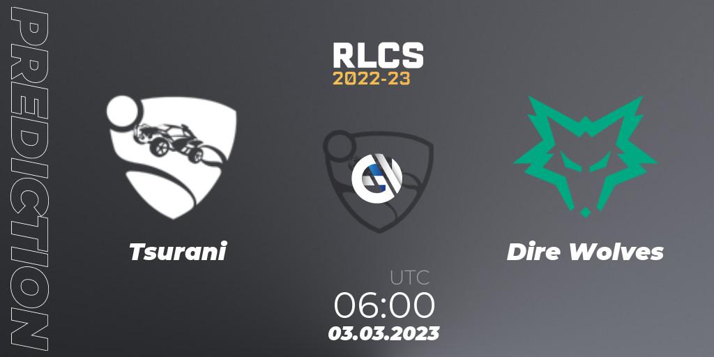 Tsurani contre Dire Wolves : prédiction de match. 03.03.2023 at 06:00. Rocket League, RLCS 2022-23 - Winter: Oceania Regional 3 - Winter Invitational