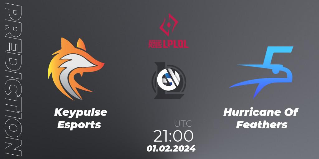 Keypulse Esports contre Hurricane Of Feathers : prédiction de match. 01.02.2024 at 21:00. LoL, LPLOL Split 1 2024