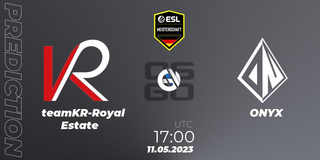 teamKR-Royal Estate contre ONYX : prédiction de match. 11.05.2023 at 17:00. Counter-Strike (CS2), ESL Meisterschaft: Spring 2023