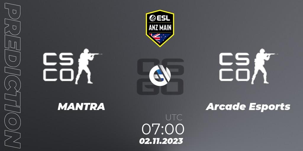 MANTRA contre Arcade Esports : prédiction de match. 02.11.2023 at 07:00. Counter-Strike (CS2), ESL ANZ Main Season 17