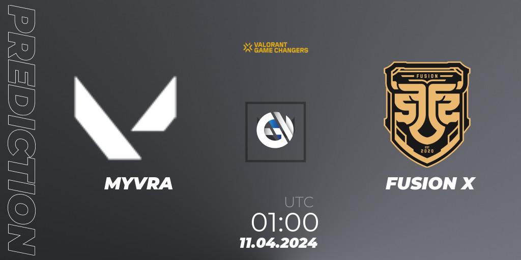 MYVRA contre FUSION X : prédiction de match. 11.04.2024 at 01:00. VALORANT, VCT 2024: Game Changers LAN - Opening