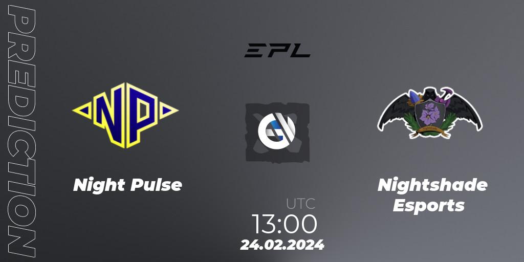 Night Pulse contre Nightshade Esports : prédiction de match. 24.02.2024 at 13:00. Dota 2, European Pro League Season 17: Division 2