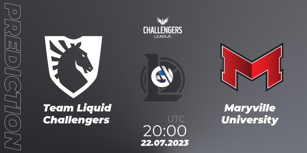 Team Liquid Challengers contre Maryville University : prédiction de match. 22.07.2023 at 20:00. LoL, North American Challengers League 2023 Summer - Playoffs