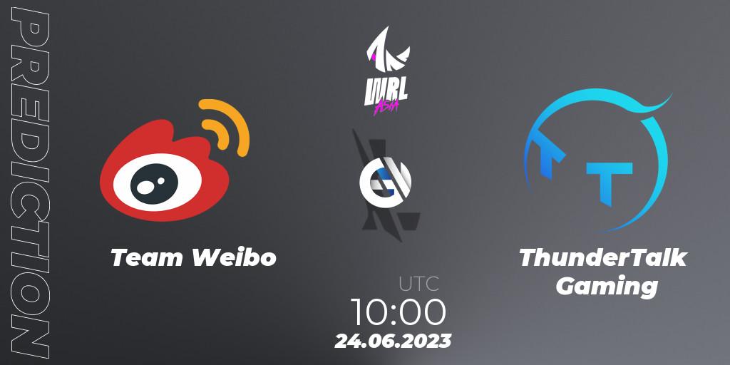 Team Weibo contre ThunderTalk Gaming : prédiction de match. 24.06.2023 at 10:00. Wild Rift, WRL Asia 2023 - Season 1 - Playoffs