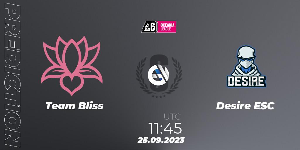 Team Bliss contre Desire ESC : prédiction de match. 25.09.2023 at 11:45. Rainbow Six, Oceania League 2023 - Stage 2