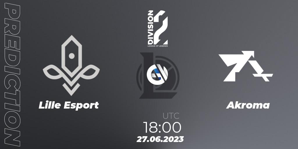 Lille Esport contre Akroma : prédiction de match. 27.06.2023 at 18:00. LoL, LFL Division 2 Summer 2023 - Group Stage
