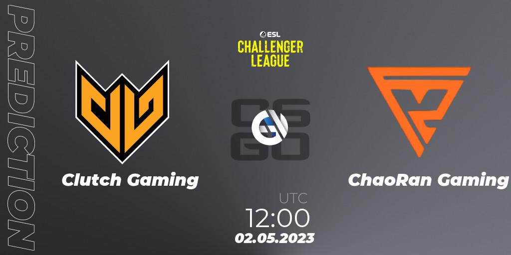 Clutch Gaming contre ChaoRan Gaming : prédiction de match. 02.05.2023 at 12:00. Counter-Strike (CS2), ESL Challenger League Season 45: Asia-Pacific