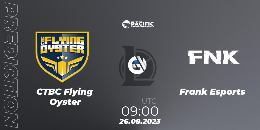 CTBC Flying Oyster contre Frank Esports : prédiction de match. 26.08.2023 at 09:00. LoL, PACIFIC Championship series Playoffs