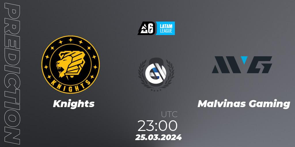 Knights contre Malvinas Gaming : prédiction de match. 25.03.2024 at 23:00. Rainbow Six, LATAM League 2024 - Stage 1: LATAM South