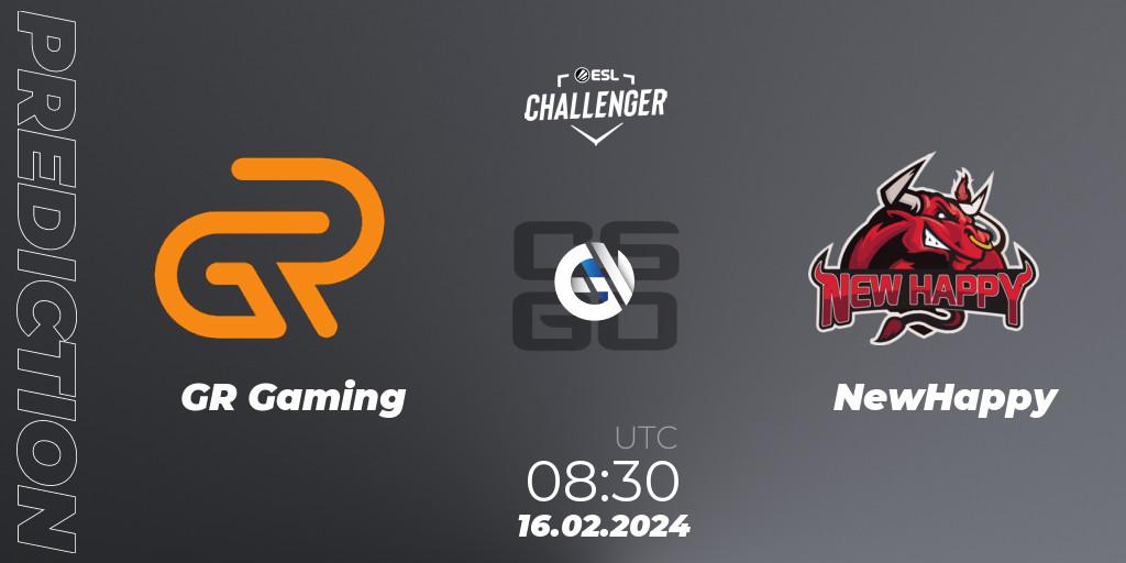 GR Gaming contre NewHappy : prédiction de match. 16.02.2024 at 08:30. Counter-Strike (CS2), ESL Challenger #56: Asian Qualifier