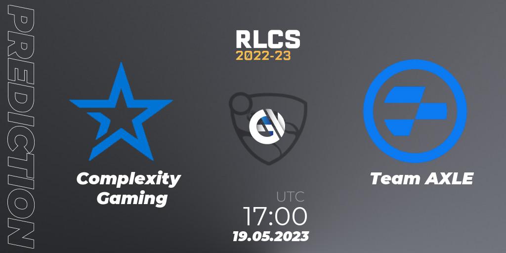 Complexity Gaming contre Team AXLE : prédiction de match. 19.05.2023 at 17:00. Rocket League, RLCS 2022-23 - Spring: North America Regional 2 - Spring Cup
