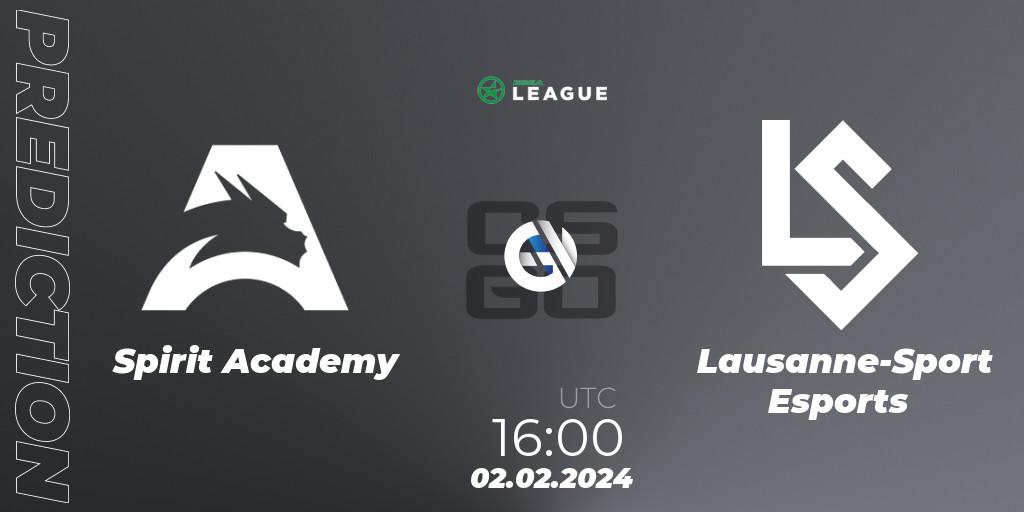 Spirit Academy contre Lausanne-Sport Esports : prédiction de match. 02.02.2024 at 16:00. Counter-Strike (CS2), ESEA Season 48: Advanced Division - Europe