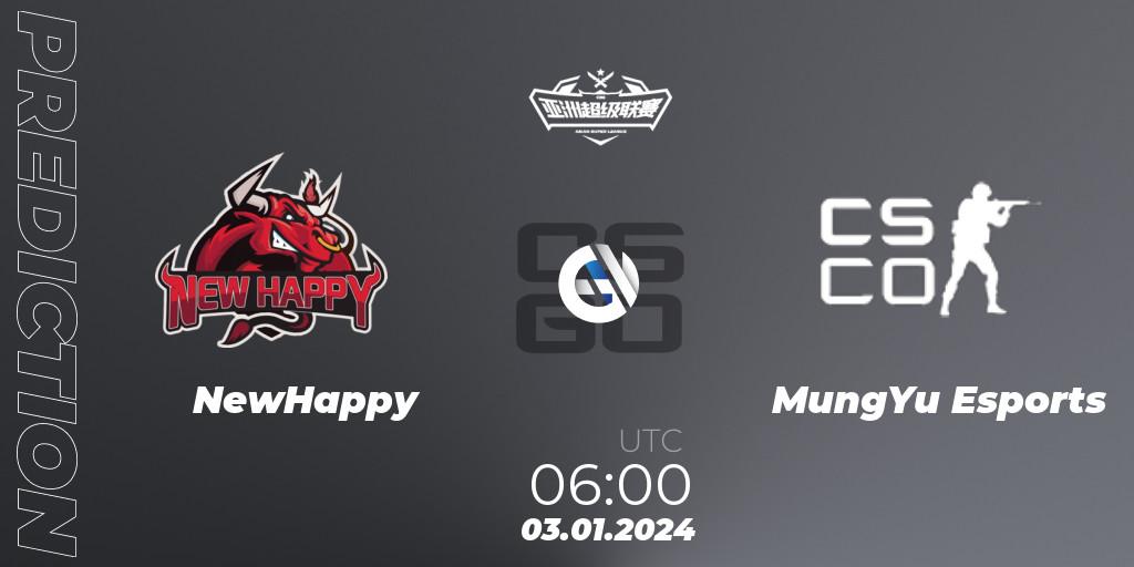 NewHappy contre MungYu Esports : prédiction de match. 03.01.2024 at 06:00. Counter-Strike (CS2), Asian Super League Season 1
