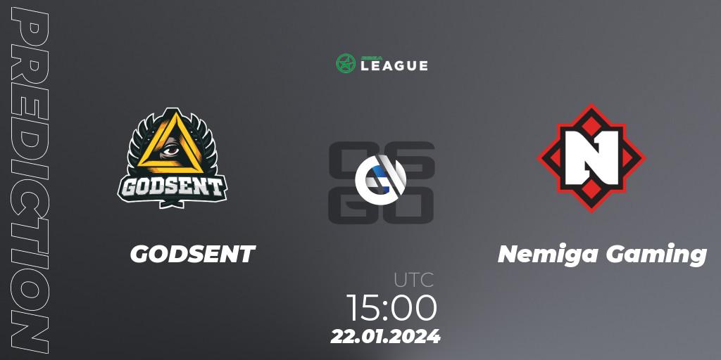 GODSENT contre Nemiga Gaming : prédiction de match. 24.01.2024 at 15:00. Counter-Strike (CS2), ESEA Season 48: Advanced Division - Europe