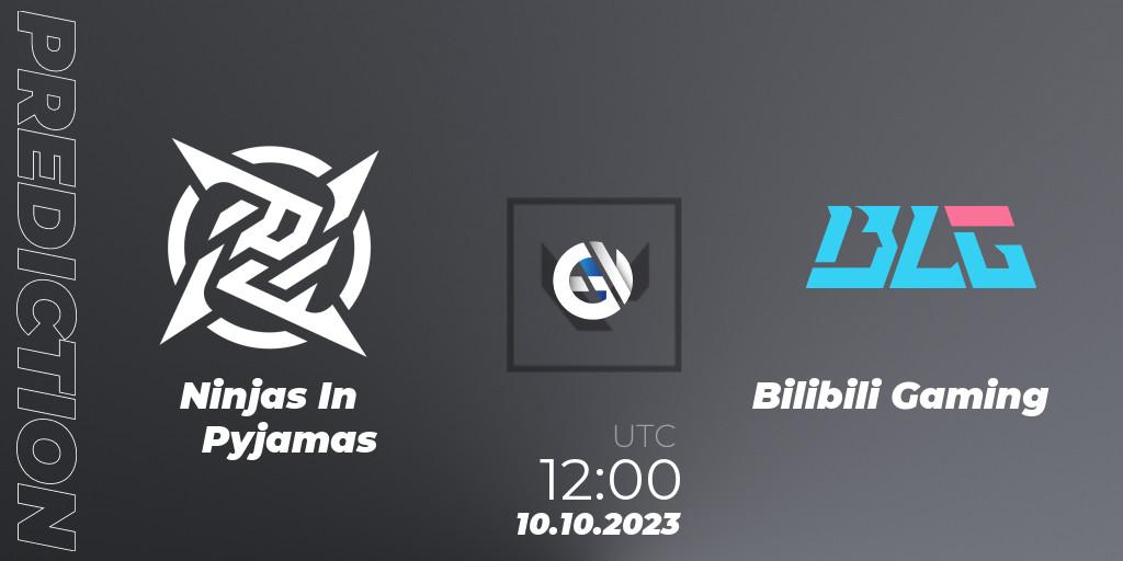Ninjas In Pyjamas contre Bilibili Gaming : prédiction de match. 10.10.2023 at 12:00. VALORANT, VALORANT China Evolution Series Act 2: Selection - Play-In