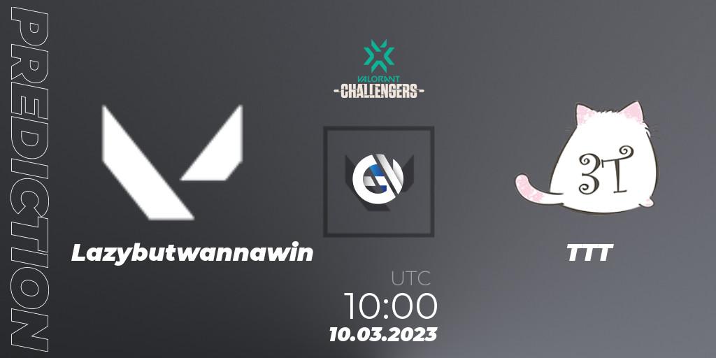 Lazybutwannawin contre TTT : prédiction de match. 10.03.2023 at 10:00. VALORANT, VALORANT Challengers 2023: Vietnam Split 1
