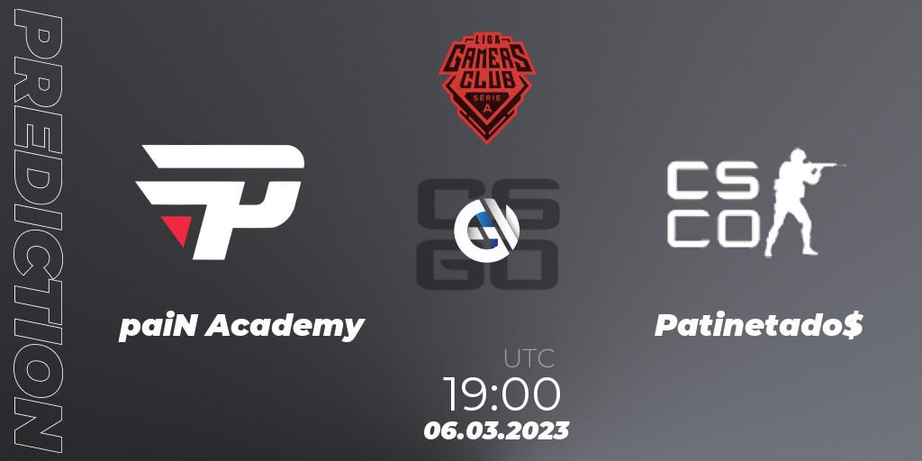 paiN Academy contre Patinetado$ : prédiction de match. 06.03.2023 at 19:00. Counter-Strike (CS2), Gamers Club Liga Série A: February 2023