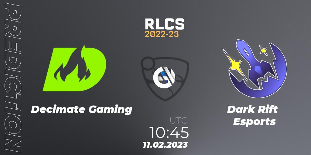 Decimate Gaming contre Dark Rift Esports : prédiction de match. 11.02.2023 at 10:45. Rocket League, RLCS 2022-23 - Winter: Asia-Pacific Regional 2 - Winter Cup