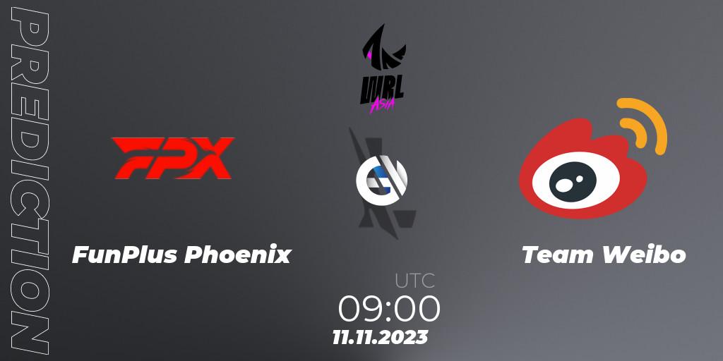 FunPlus Phoenix contre Team Weibo : prédiction de match. 11.11.2023 at 09:00. Wild Rift, WRL Asia 2023 - Season 2 - Regular Season