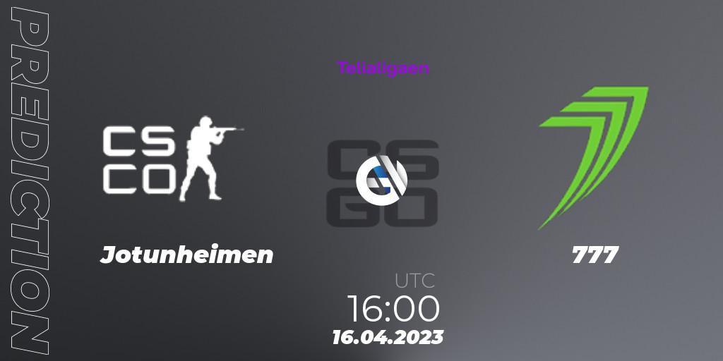 Jotunheimen contre 777 : prédiction de match. 16.04.2023 at 16:00. Counter-Strike (CS2), Telialigaen Spring 2023: Group stage