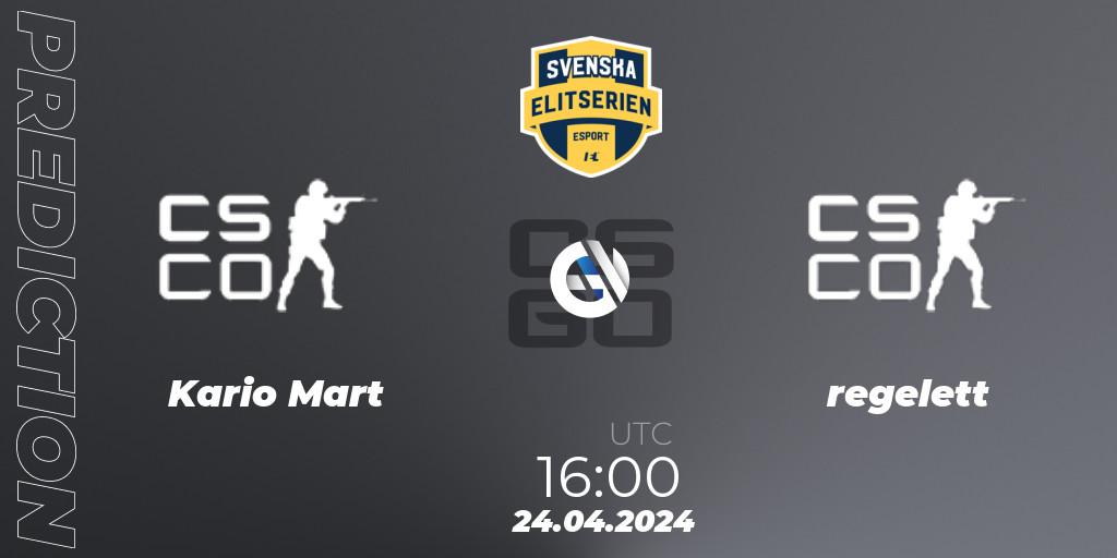 Kario Mart contre regelett : prédiction de match. 24.04.2024 at 16:00. Counter-Strike (CS2), Svenska Elitserien Spring 2024