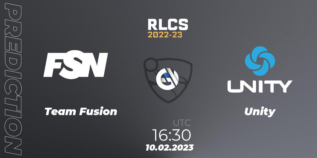 Team Fusion contre Unity : prédiction de match. 10.02.2023 at 16:30. Rocket League, RLCS 2022-23 - Winter: Sub-Saharan Africa Regional 2 - Winter Cup