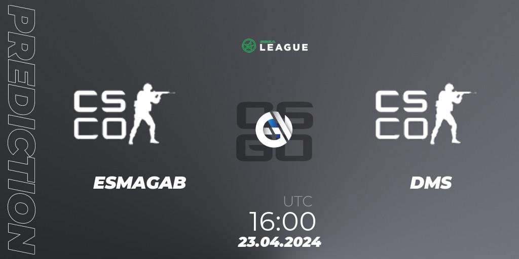 ESMAGAB contre DMS : prédiction de match. 23.04.2024 at 16:00. Counter-Strike (CS2), ESEA Season 49: Advanced Division - Europe