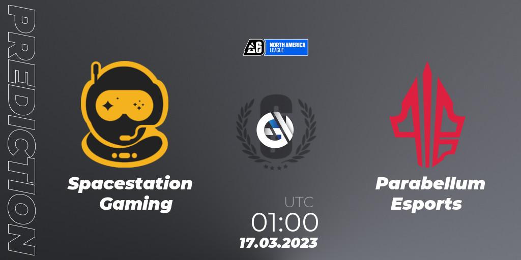 Spacestation Gaming contre Parabellum Esports : prédiction de match. 17.03.2023 at 01:00. Rainbow Six, North America League 2023 - Stage 1
