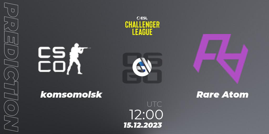komsomolsk contre Rare Atom : prédiction de match. 15.12.2023 at 12:00. Counter-Strike (CS2), ESL Challenger League Season 46 Relegation: Asia-Pacific