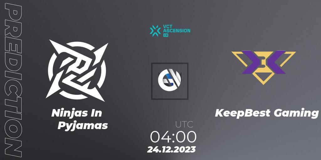 Ninjas In Pyjamas contre KeepBest Gaming : prédiction de match. 24.12.2023 at 04:00. VALORANT, VALORANT China Ascension 2023