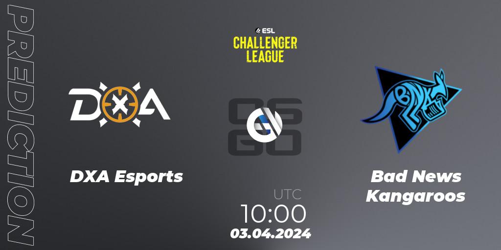 DXA Esports contre Bad News Kangaroos : prédiction de match. 03.04.2024 at 10:00. Counter-Strike (CS2), ESL Challenger League Season 47: Oceania