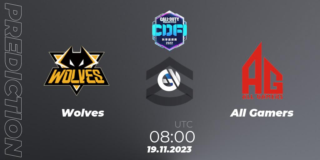 Wolves contre All Gamers : prédiction de match. 19.11.2023 at 09:00. Call of Duty, CODM Fall Invitational 2023