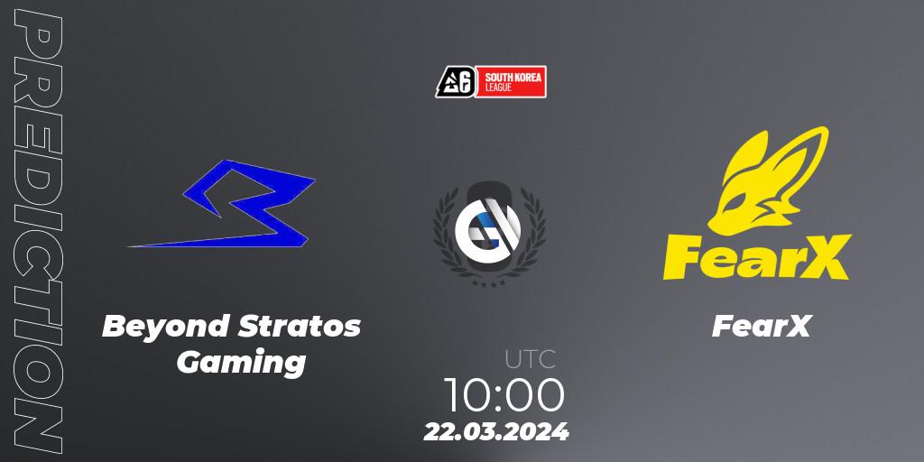 Beyond Stratos Gaming contre FearX : prédiction de match. 22.03.2024 at 10:00. Rainbow Six, South Korea League 2024 - Stage 1