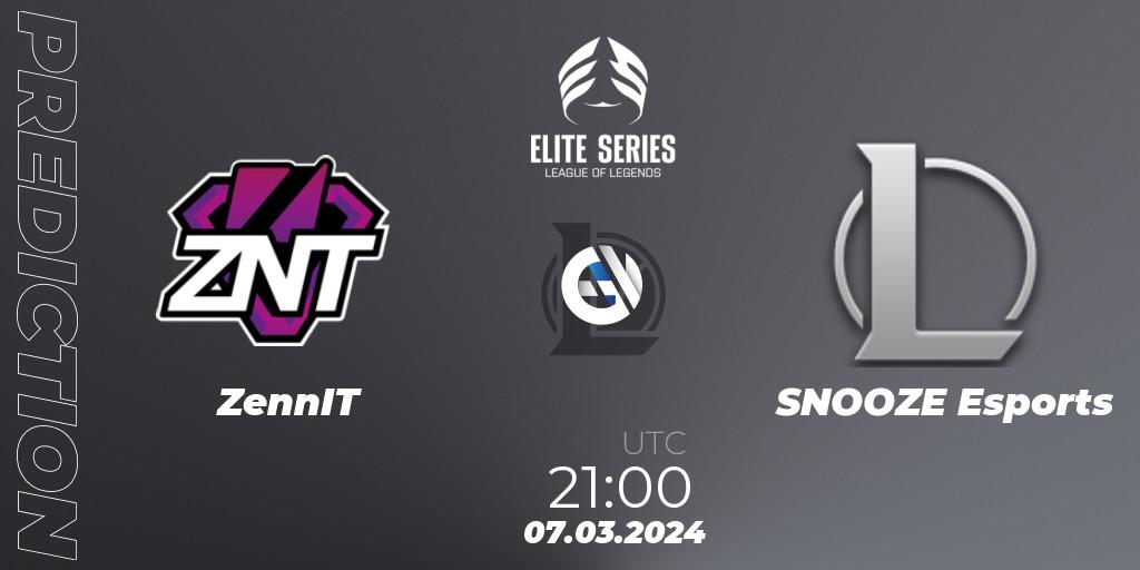 ZennIT contre SNOOZE Esports : prédiction de match. 07.03.2024 at 21:00. LoL, Elite Series Spring 2024