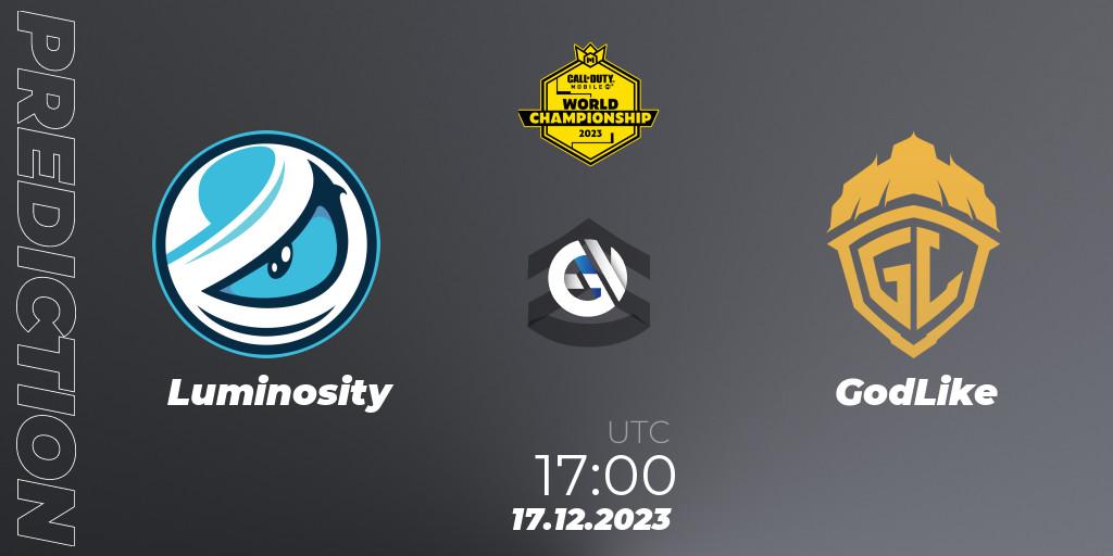 Luminosity contre GodLike : prédiction de match. 17.12.2023 at 16:00. Call of Duty, CODM World Championship 2023