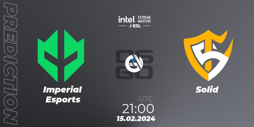 Imperial Esports contre Solid : prédiction de match. 15.02.2024 at 21:10. Counter-Strike (CS2), Intel Extreme Masters Dallas 2024: South American Open Qualifier #1