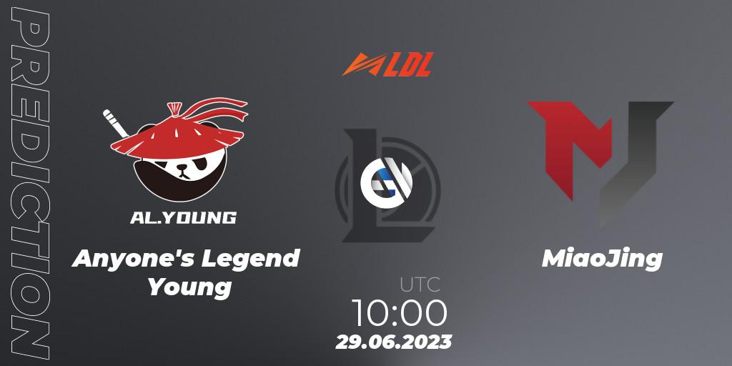 Anyone's Legend Young contre MiaoJing : prédiction de match. 29.06.2023 at 10:00. LoL, LDL 2023 - Regular Season - Stage 3